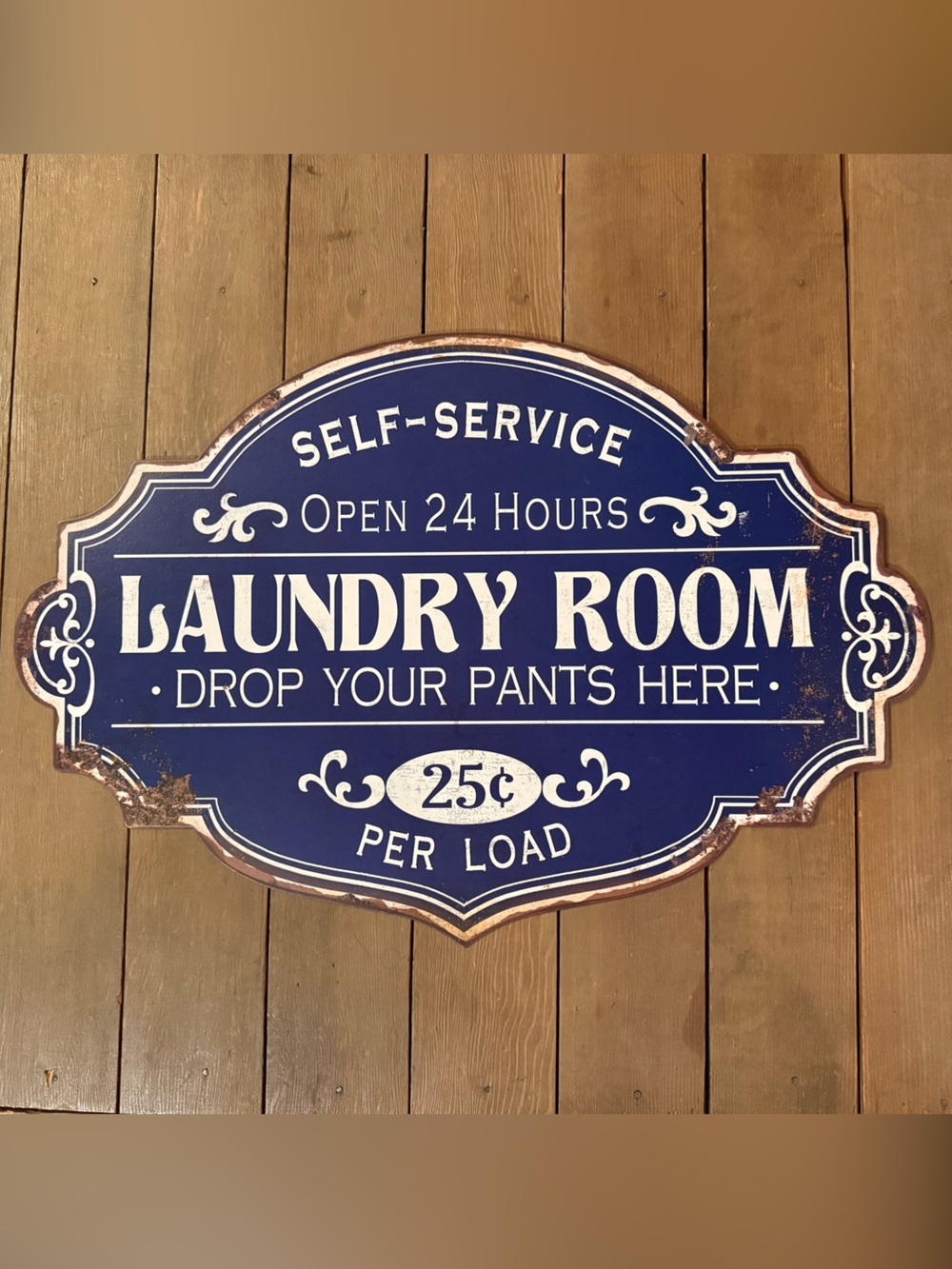 Vintage-Style Blue &!White Metal Laundry Room Sign 20” wide, 13.5” tall.